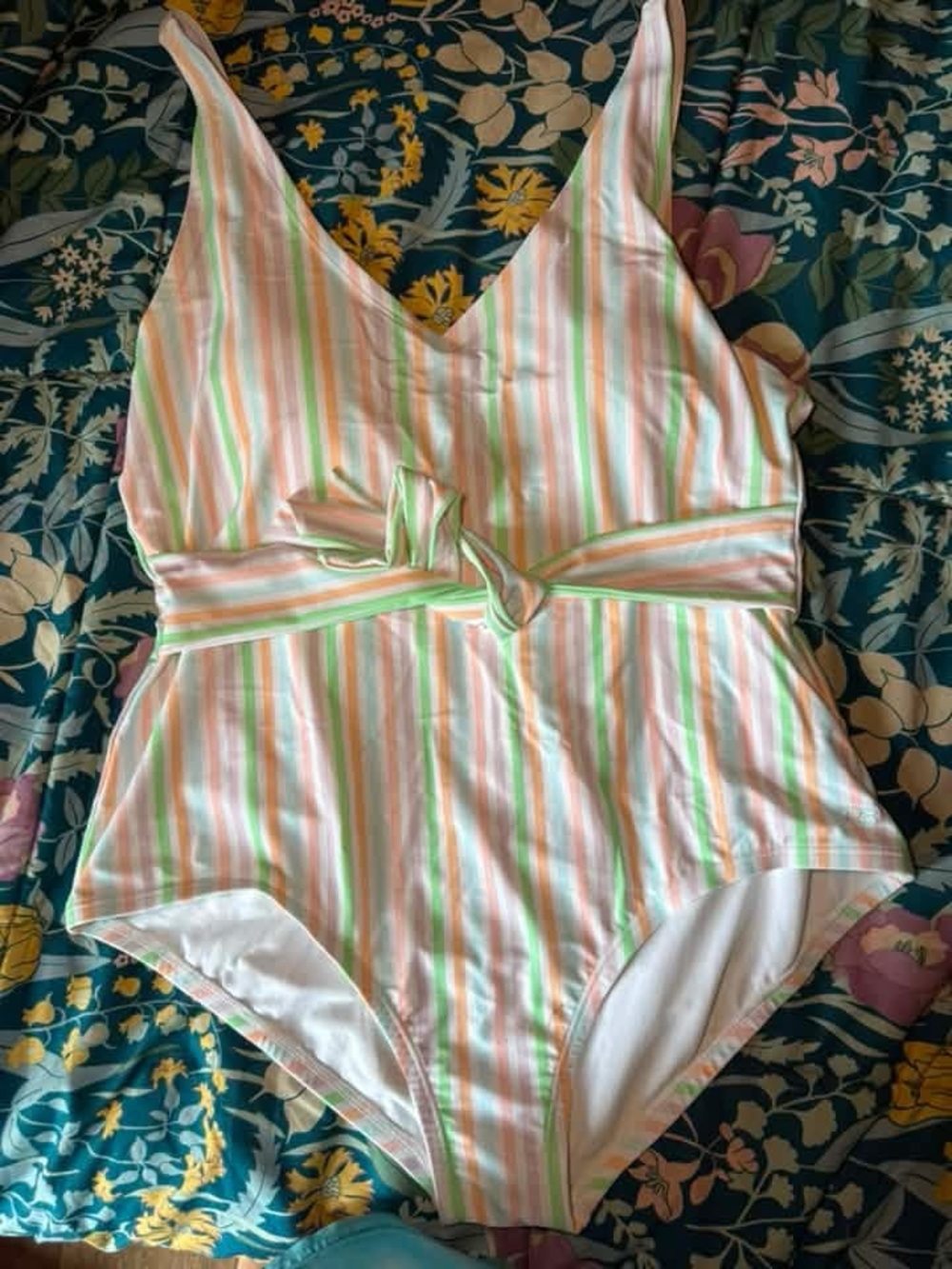 Ruffle Butts Pastel Striped Tie-Front One-Piece Swimsuit - Pink, Green, White